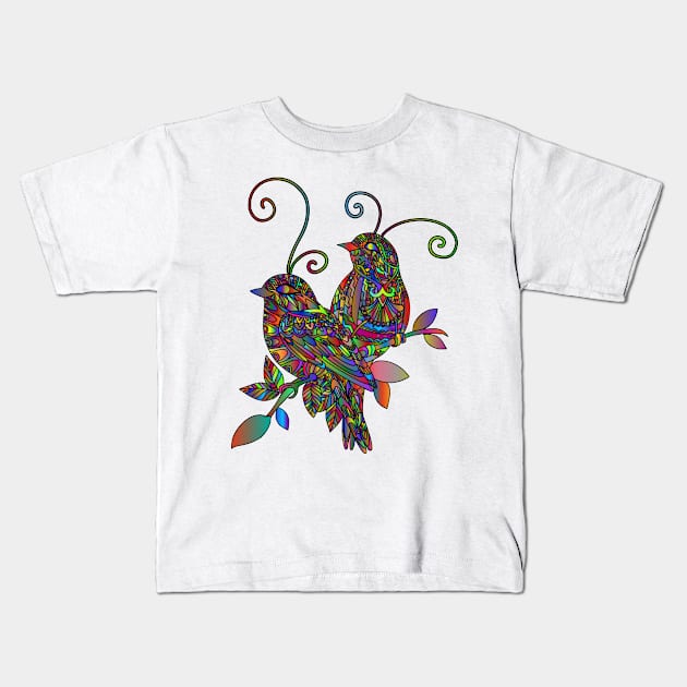 Colourful illustration of two sitting birds Kids T-Shirt by Montanescu